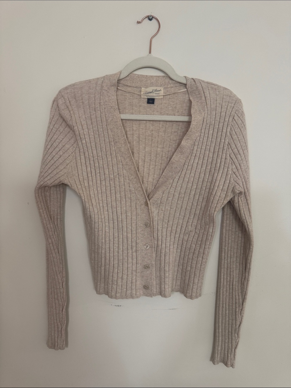 Ribbed V-Neck Buttoned Sweater Cardigan - Beige